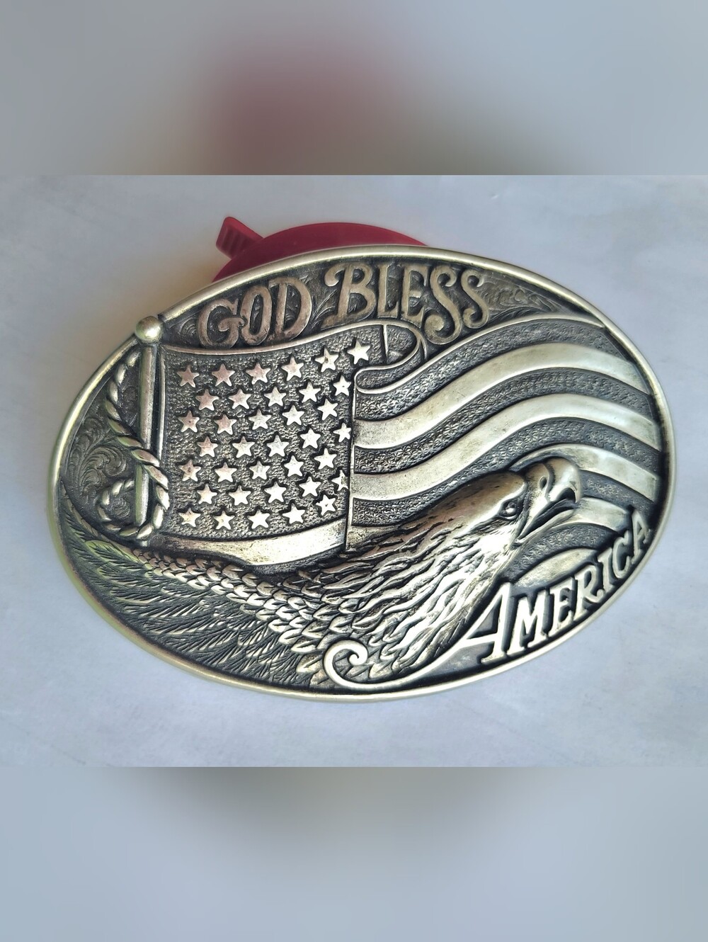 Vintage Patriotic Nocona Eagle Oval Belt Buckle - God Bless America